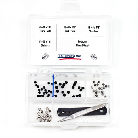 Straight Up Heavy Duty Slotted Gun Plug Screws In Black Oxide And Stainless Steel 82 Piece Assortment Kit in storage case.