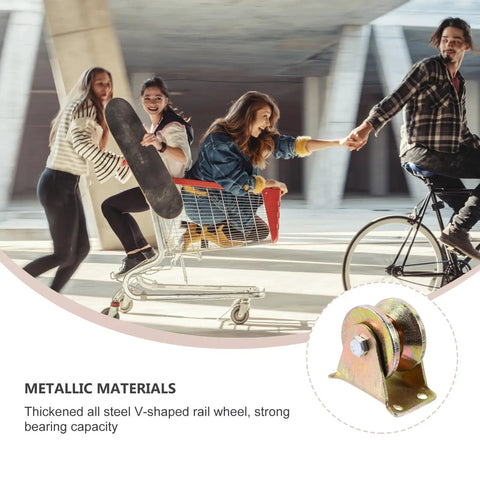 Heavy Duty V Groove Wheel Sliding Gate Track Rollers Two Pack Steel Roller Kit Rust Resistant Coating shown with people having fun.