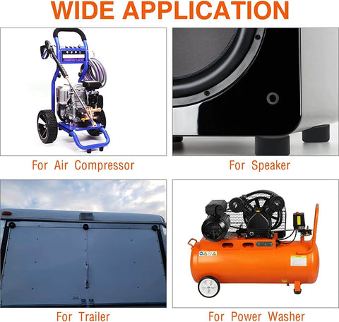 Image showing wide application of Heavy Duty Anti Vibration Foot Pad Isolator Rubber Bumpers on air compressor, speaker, trailer, and power washer.