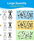 Top Shelf 100 Pair Metal Hook And Eye Fasteners With Hidden Sewing Closures In Black And Silver on display in three sizes.