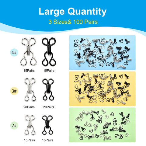 Top Shelf 100 Pair Metal Hook And Eye Fasteners With Hidden Sewing Closures In Black And Silver on display in three sizes.