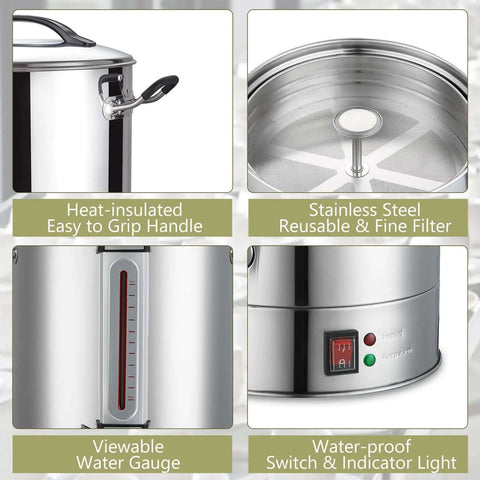 Close-up of Heavy Duty 24L Commercial Coffee Urn features including handle, filter, water gauge, and waterproof switch.