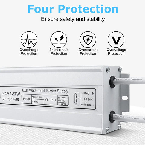 LED Power Brick 24V 120W IP67 Waterproof All Weather Outdoor Driver for LED Lighting Projects AC to DC Converter shown