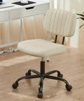 Small Armless Office Desk Chair With Comfy PU Leather Cushioned Seat And Lumbar Support, Beige White in home office setting.