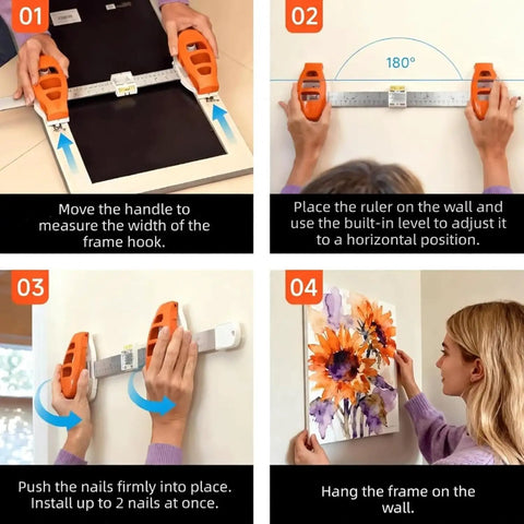 Step-by-step guide using the Professional 3 In 1 Picture Hanging Tool And Spirit Level for easy wall art installation.