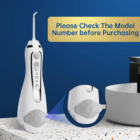 Cordless water flosser with blue background and model number reminder sign