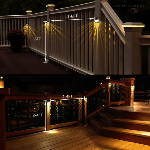 Unique Rays LED Low Voltage Deck Lights For Outdoor Living 12V Landscape Step And Fence Light illuminating deck rails and stairs