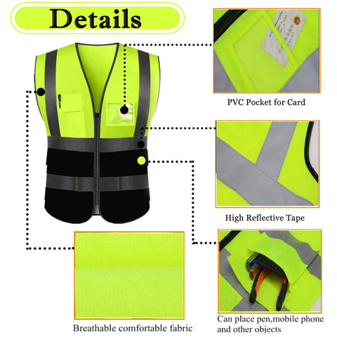 Custom High Reflective Safety Vest For Men And Women Slick Hi Vis Poly Blend Workwear With Bright Strips showing pockets and reflective details.