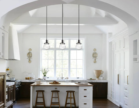 Three Light Linear Pendant Island Lighting With 5.9 Inch Globe Striped Glass Shades in modern kitchen setting