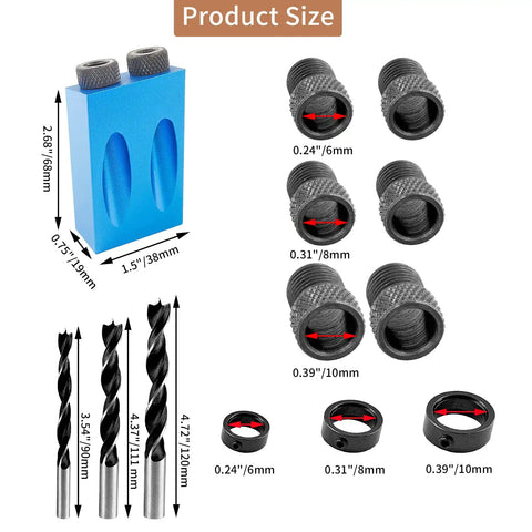 Pocket Hole Jig Kit For 15 Degree Woodworking, 14 Pcs Set With Drill Guide, 6mm 8mm 10mm Bits, size dimensions detailed