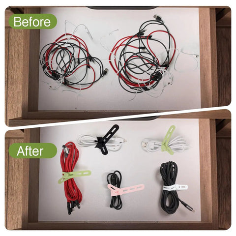 Before and after image of cords organized with 24 Piece Silicone Cable Ties Pack With Locking Buckles Reusable And Washable Adjustable Straps