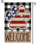 Patriotic USA Flag Paw Print Garden Flag 12x18 Double Sided Outdoor Welcome Banner Buffalo Plaid Yard Decor for 4th of July