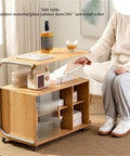Movable Glass Cabinet Side Table With Wheels, bamboo and glass, multi layer shelves, living room setting, 360 degree mobility