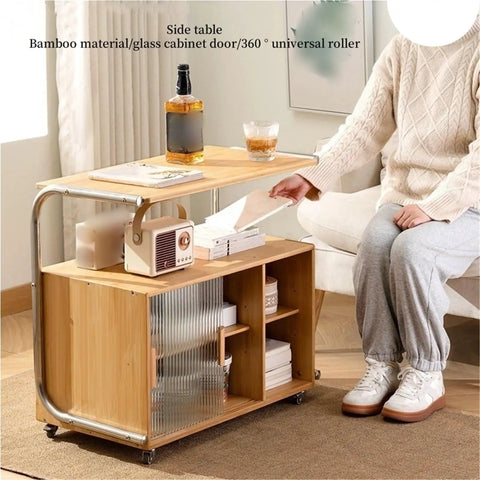 Movable Glass Cabinet Side Table With Wheels, bamboo and glass, multi layer shelves, living room setting, 360 degree mobility