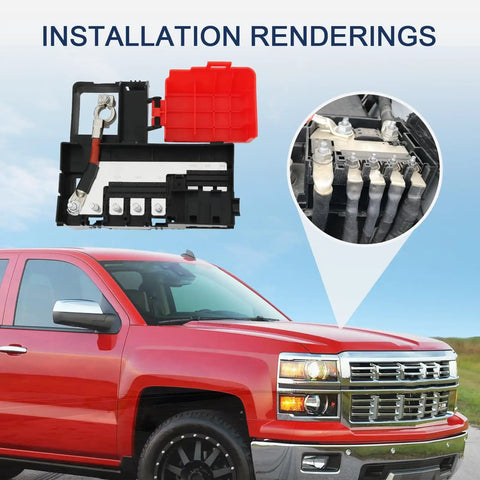 Heavy Duty Battery Distribution Fuse Block Direct Replacement For Chevy Silverado Tahoe Suburban Rigs showing installation rendering with connection details.