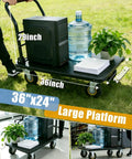 Beefy 1800 Lbs Steel Platform Cart With 36x24 In Deck For Warehouse Hauling And Home Shop Use Heavy Duty Utility Cart To Move Boxes Equipment Appliances And Pallets Stable Rolling With Locking Casters And Easy Grip Handle, black steel platform cart with 36x24 in deck, side view