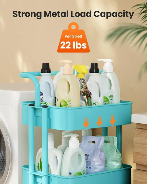 Three Tier Mesh Rolling Cart On Wheels With Handle Turquoise Finish, Space Saving Mobile Storage Organizer with items displayed