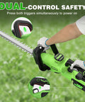 Cordless 22 Inch Hedge Trimmer With Two 2Ah Batteries 20V Power showing dual safety lock and rotating handle in use