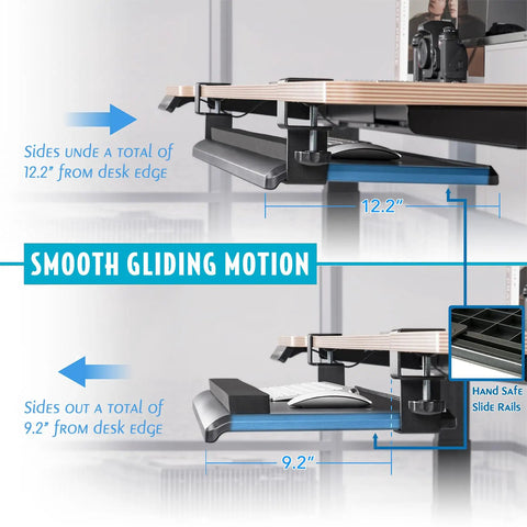 Side view of Big Ergonomic C Clamp Keyboard Tray With Slide Out Platform Under Desk, showing smooth gliding motion and 12.2 in extension