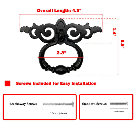 Top Shelf Vintage Black Ring Pull Handles For Kitchen Cabinets And Dressers Solid Zinc Alloy Build with ornate design and measurements.