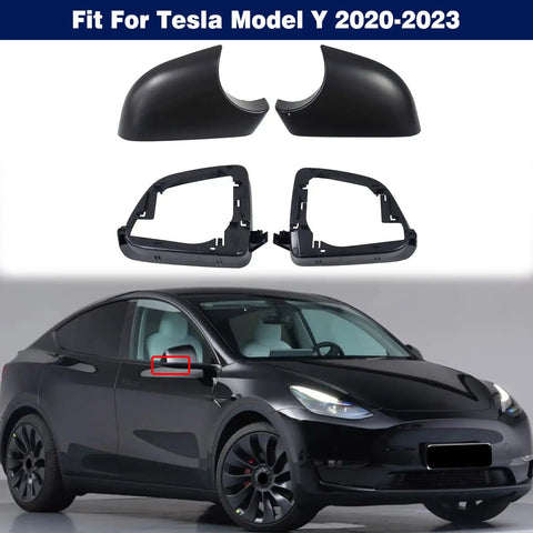 Premium Aftermarket Left And Right Side View Mirror Lower Cover Holder Plus Glass Frame Kit For Tesla Model Y 2020 Through 2023, slick black set.