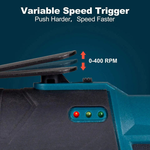 Close-up of Cordless Electric Ratchet Wrench Kit Three Eighths Inch 400 RPM 12V power ratchet showing variable speed trigger.