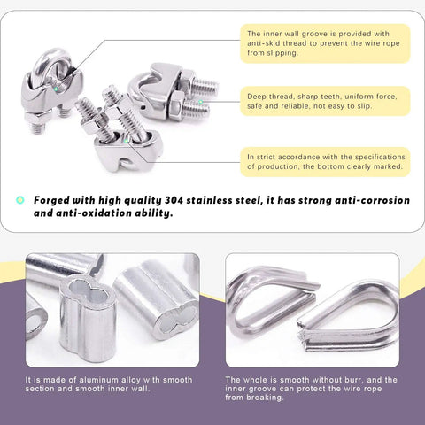 Heavy Duty M10 Wire Rope Accessory Kit With Clip Clamp Thimble And Aluminum Crimp Loop Sleeves 24 Piece Set for outdoor use