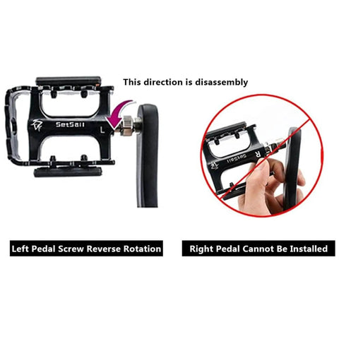 Universal Left Crank Arm For Bikes, shows pedal screw reverse rotation, incompatible with right pedal, disassembly direction shown.