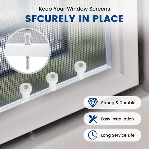 12 Pack Window Screen Plunger Latch Set With Aluminum Pins Springs And White Caps showing white caps securing screens in place.