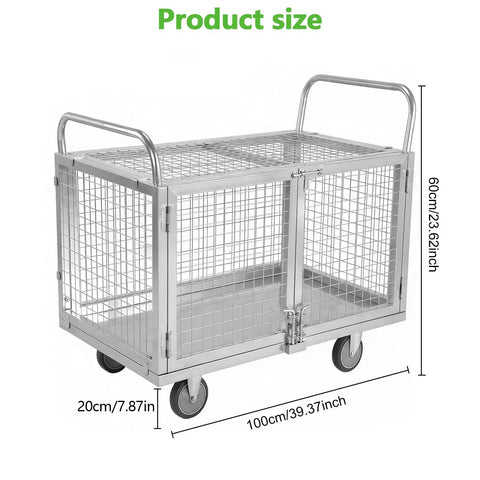 Rock Solid Heavy Duty Platform Truck With Secure Cage And Adjustable Panels, Hella Tough 2000 Pound Industrial Material Storage Cart for warehouses, showing dimensions and cage design.