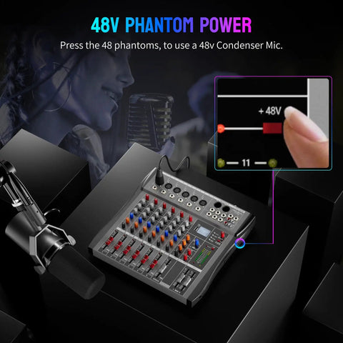 Six Channel DJ Mixer With Bluetooth Streaming And USB Interface featuring 48V phantom power for mic inputs, shown with mic and settings.