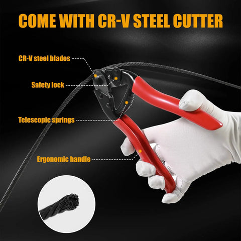 Top Shelf 1/8 Black T316 Stainless Steel Cable Railing 1200 Ft With Cable Cutter showing ergonomic cutter with CR-V blades.
