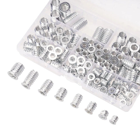 Solid Wood Threaded Nut Set With 125 Pieces Of Screw-In Inserts And Bushings For Fastening Pine, Plywood Or Fiberboard Furniture Using 5Mm To 10Mm Threads Perfect DIY Fixin Gear in organized plastic case.