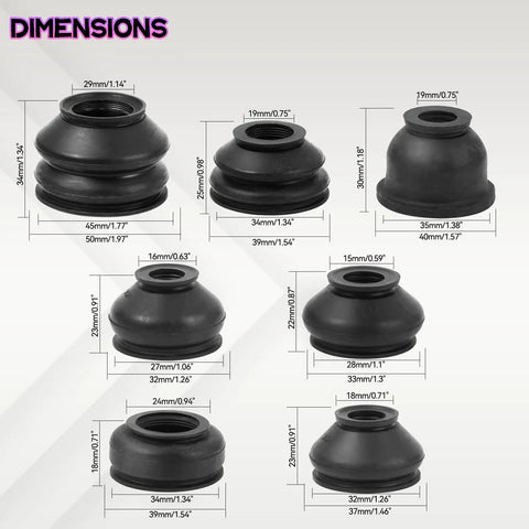 Universal Ball Joint Dust Covers Kit With 14 Pieces Including 7x2 Size Tie Rod Boots, Rubber Boot Ends, And Track Dust Protection For Car Suspension And Steering Systems, Easy Install, Durable Flexible Covers To Keep Your Vehicle Safe, dimension chart