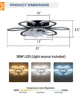5 Pc Ceiling Fan with Lights Remote Control 25 inch Black 6 Speeds 3 Light, top view with dimensions and LED light options