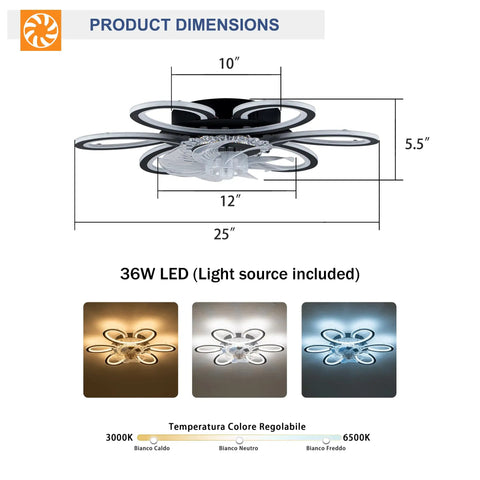 5 Pc Ceiling Fan with Lights Remote Control 25 inch Black 6 Speeds 3 Light, top view with dimensions and LED light options