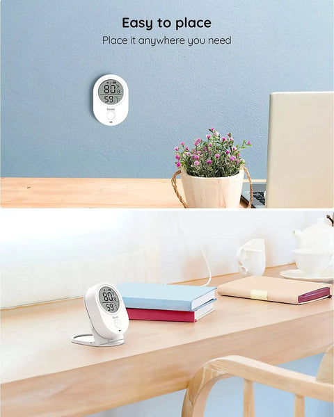 Smart WiFi Thermometer Hygrometer With LCD Display App Alerts And Remote Home Monitoring For Indoor Humidity And Temperature Sensor That Works With 2.4GHz WiFi And Bluetooth wall and desk view