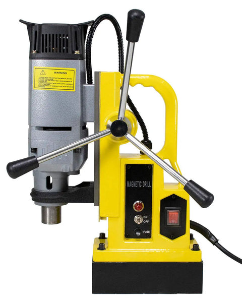 Workhorse Magnetic Drill Press Equipped With MT3 Spindle Taper And 13 Piece Annular Cutter Set For Knocking Out Clean Holes In Thick Metal Panels Up To Two Inches Deep 1350 Watt Motor Built Damn Tough For The Daily Grind, yellow portable drill side view.