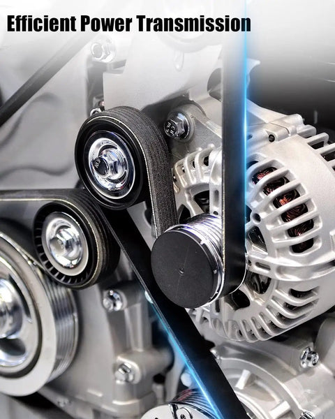Premium Heavy Duty Serpentine Drive Belt Compatible With Dodge Ford Mazda Jeep Mitsubishi Engines is shown in a close-up view.