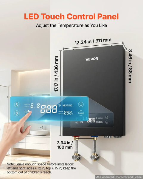Straight Up Zero Wait Tankless Electric Water Heater 240 Volt 18 Kilowatt with LED touch control panel for precise temperature.