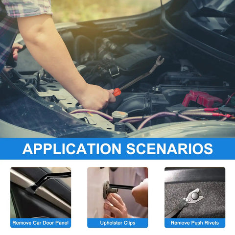 Application scenarios for Massive 725 Piece Car Push Retainer Clips And Auto Fasteners Kit shown with tool use in engine bay