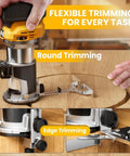 Cordless Compact Router With 800W Brushless Motor, 30,000 RPM, demonstrating round and edge trimming on wood