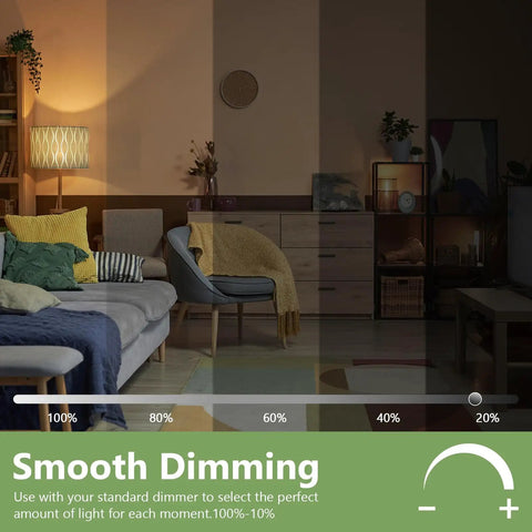 Living room scene with smooth dimming effect showing different lighting levels using a 60W Equivalent A19 LED Light Bulbs 2700K Warm White Non-Dimmable 9.5W Energy Efficient Soft White With E26 Medium Base UL Listed 800 Lumens 4 Pack Long Lasting.