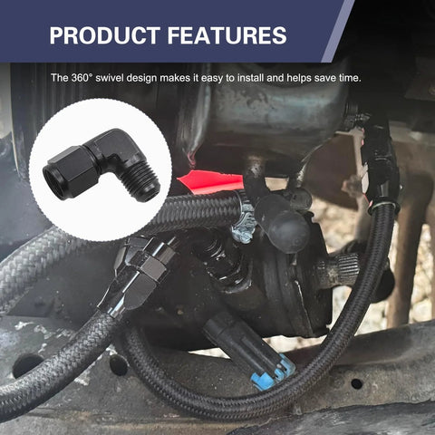 2-pack black aluminum 6AN female-to-3/8 barb 90-degree swivel hose fittings