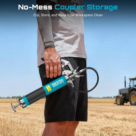 Side view of Seesii 8000 PSI grease gun kit with turquoise body and black grip, hose attached.