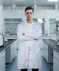 Person wearing a White Lab Coat Scientist Doctor Costume For Women And Men Long Sleeve Button Front Unisex Lab Coat With Stethoscope in lab