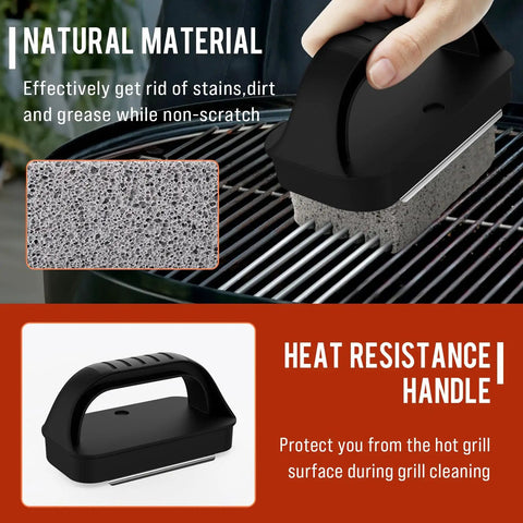Griddle Cleaning Kit For Blackstone Flat Top Grill with stone scraper and brush, showing heat-resistant handle on grill surface.