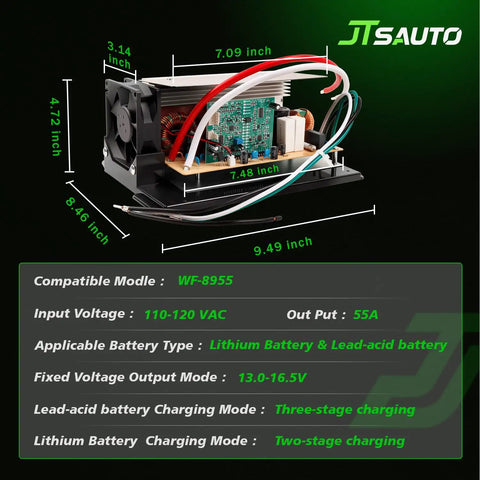 Heavy Duty 55 Amp RV Power Converter Main Board Straight Bolt Swap For Wf 8955 Pec Series, detailed product dimensions displayed.