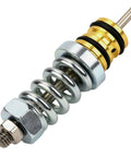 Unloader valve kit for high-pressure washer pumps; brass and chrome-plated steel with coil spring, side view.