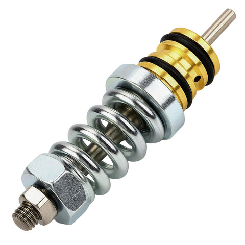 Unloader valve kit for high-pressure washer pumps; brass and chrome-plated steel with coil spring, side view.
